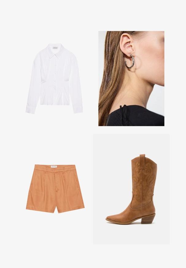 Witte blouse met lange mouwen en een klassieke kraag, met een sluiting aan de voorkant met knopen en geplooide details aan de zijkant. Glad materiaal met een getailleerde pasvorm.; Oranje geplooide shorts van gladde stof, met een rits aan de voorkant, riemlussen en zijzakken. Het label zegt "ANNA FIELD."; Tan leren cowboylaars met puntige neus, geborduurde spiraalpatronen op de schacht en een gestapelde blokhak. Voorzien van een trekband voor gemakkelijke aan- en uittrekken.; Zilveren oorbel met een gepolijste afwerking, met kleine gouden accentdetails en een ronde vorm, gedragen op de oorlel.