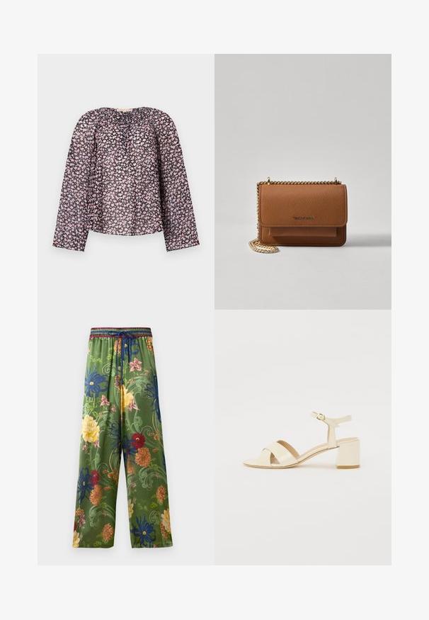 Fekete áttetsző blúz hosszú ujjakkal, rózsaszín és fehér virágmintával, ráncolt nyakkal és laza fazonnal.; Zöld virágmintás, széles szárú nadrág, amely színes virágok és kanyargó indák mintáival díszített. Rugalmas derékpánt húzózsinórral.; Beige lakkbőr magassarkú szandál, kereszttartós kialakítással, nyitott orral, állítható bokapánttal és tömbsarokkal. Sima textúrával.; Barna textúrájú bőr keresztbody táska arany lánc pánttal és fedélzárral. Az elején logó részlet és egy zseb található a fedél alatt.