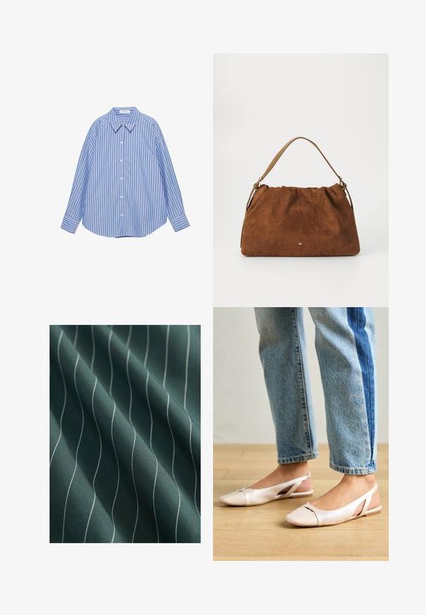 Camicia a maniche lunghe a righe verticali blu e bianche, con colletto a punta e una tasca sul petto.; Tessuto verde scuro con una texture liscia, caratterizzato da strisce bianche ondulate che scorrono verticalmente, creando un motivo sottile.; Ballerine slingback rosa pallido con punta affusolata, realizzate in un materiale simile alla pelle liscio. Presentano dettagli a taglio sui lati e un tacco piatto.; Borsa in suede marrone con un design arricciato, dotata di una singola tracolla in pelle beige e di un sottile logo dorato dettagliato sulla parte anteriore.