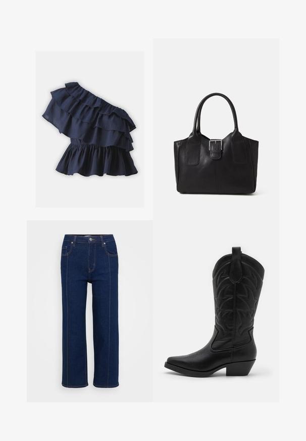 Sötétkék, egyvállas felső, réteges fodrokkal és gumis derékkal, könnyű, sima tapintású anyagból készült.; Sötét kék, egyenes lábú farmernadrág gombos záródással, elülső és hátsó zsebekkel, valamint látható narancssárga varrással a varratok mentén.; Fekete cowboy csizma hegyes orral, texturált bőrből készült, díszes varrással a szárán és alacsony, rétegelt sarokkal.; Fekete bőr bevásárlótáska sima textúrával, strukturált formával, két fogantyúval és egy figyelemfelkeltő ezüst csattal az elején.