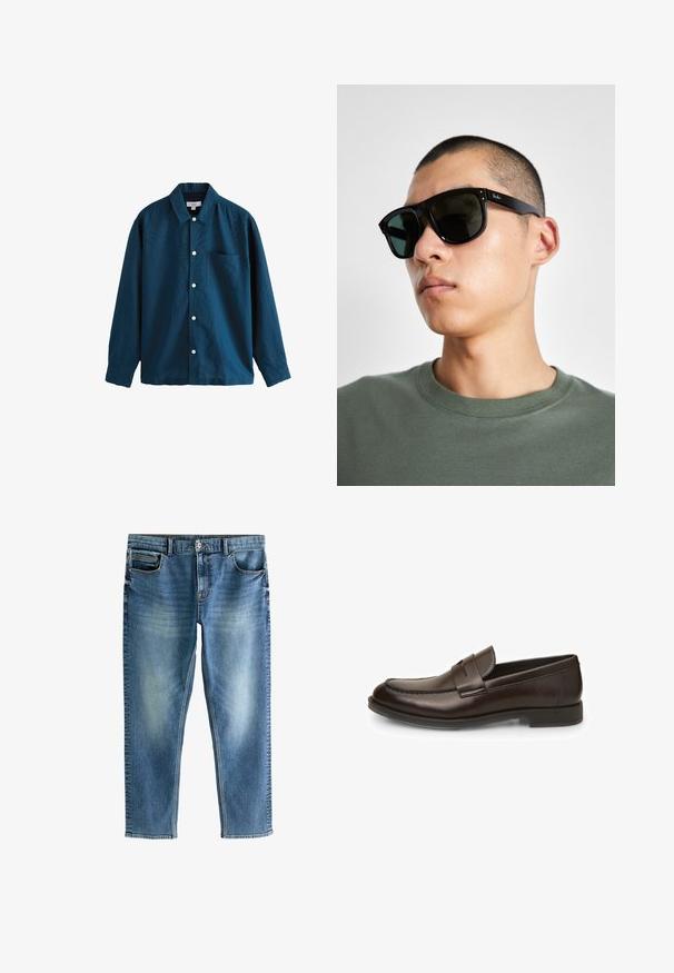 Zils garo piedurkņu krekls ar pogām, kas ir aprīkots ar klasisku apkakli, vienu krūšu kabatu un baltām pogām. Mīksta tekstūra ar nelielu spīdumu.; Zili džinsi ar taisnu piegriezumu, piecām kabatām, ar vieglu izbalēšanu uz kājām un kontrastējošu šuvju šuvēm.; Brūni ādas loafers ar gludu tekstūru, noapaļotu purngalu un šuvju detaļām. Iespējas zems, salikts papēdis un vilkšanas dizains.; Melni taisnstūra saulesbrilles ar tumšiem stikliem, ar izteiksmīgu formu un zīmolu uz tempļa. Valkā cilvēks zaļā krekla.