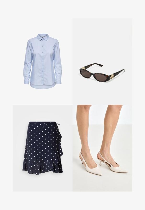 Camisa de botón a rayas azules con cuello, mangas largas y dobladillo curvado. La tela parece suave y ligera. Cierre de botón en la parte delantera.; GANT DOT PRINT FRILL SKIRT - Falda cruzada - evening blue; Tacones slingback de charol beige con punta afilada y un tacón de 5 cm, con lados recortados y una delgada correa en el tobillo.; Gafas de sol carey con lentes ovalados alargados, tintado marrón, acentos de logo dorado en las patillas y brazos negros elegantes.; Bolso de mano beige con un patrón y forma curva, acentos de cuero y un logo tono dorado en la parte frontal. Cuenta con un asa corta para un fácil transporte.
