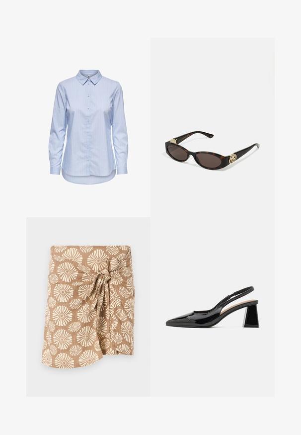 Zilā svītrota krekls ar pogām, ar apkakli, garām piedurknēm un izliekumu apakšmalā. Audums izskatās gluds un viegls. Pogājamā aizdare priekšā.; Brūna rakstaina apkakle, kurai ir lielas krēmkrāsas ziedu apdrukas, sasieta pie vidukļa ar mezglu, izgatavota no viegla auduma.; Melnas laku siksnas kurpes ar norādītu purngalu, kurām ir unikāls ģeometrisks blokveida papēdis un gluda tekstūra. Regulējama siksna atbalstam.; Tīģerbrūnā sauļošanās brillēm ar izstieptām ovālām lēcām, brūnu tonējumu, zeltītiem logotipa akcentiem uz tempļiem un plānām melnām kājām.