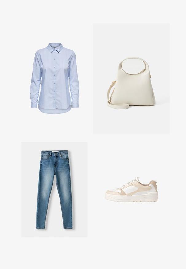 Blå stribet skjorte med knapper, krave, lange ærmer og buet kant. Stoffet virker glat og let. Knaplukning foran.; Blå denim skinny jeans med fem lommer, lynlåslukning og et slidt look med lys falmning ned ad forsiden og tydelig syning.; Beige og hvid sneaker med en glat læderoverdel, perforeret tå, snørebåndsdesign, teksturerede detaljer og en kraftig gummisål.; Cremefarvet taske med en struktureret design, cirkulært håndtag og aftagelig skulderrem. Lavet af et glat materiale med en subtil tekstur.
