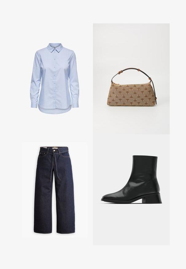 Camicia button-down a righe blu con colletto, maniche lunghe e orlo curvo. Il tessuto sembra liscio e leggero. Chiusura con bottoni sul davanti.; Jeans in denim scuro a gamba larga con vita alta, dotati di un laccio, cinque tasche e dettagli di cucitura a contrasto.; Stivale alla caviglia nero realizzato in pelle lucida, con un design elegante, punta affilata e un tacco a blocco moderato per stabilità.; Borsa a tracolla marrone con motivo, in tessuto testurizzato, con manico in pelle marrone e dettaglio del logo dorato su uno sfondo beige. Forma curva e strutturata.