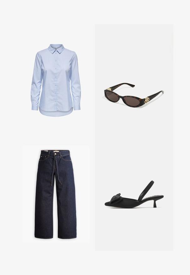 Srajca z modrimi črtami, gumbna zaposlitev s ovratnikom, dolgimi rokavi in ukrivljenim robom. Tkanina je videti gladka in lahka. Zapiranje z gumbi na sprednji strani.; Široke temno modre kavbojke z visokim pasom, ki imajo vrvico za zavezovanje, pet žepov in kontrastne šive.; ONLY SHOES ONLCOCO BOW SLINGBACK - Klasične pete - black; Kornjačaste sunčane naočale s izduženim ovalnim lećama, smeškim tonovima, zlatnim logotipom na drškama i elegantnim crnim rukohvatima.; Rjava ročno izdelana torbica z vzorcem, z teksturirano tkanino, rjavim usnjenim trakom in zlatim logotipom na bež ozadju. Kura oblika, strukturirana.