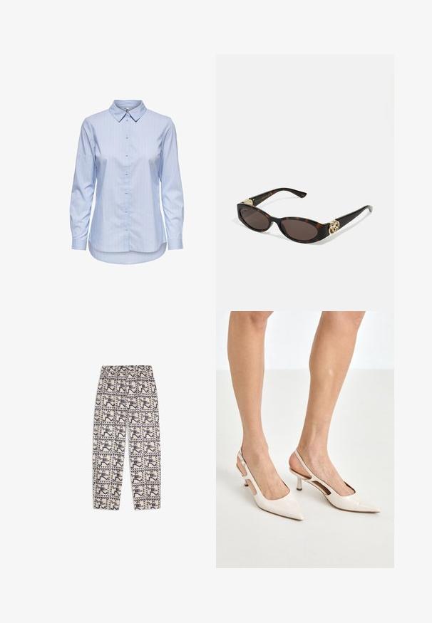 Blau gestreifte Knopfhemd mit Kragen, langen Ärmeln und abgerundetem Saum. Der Stoff wirkt glatt und leicht. Knopfleiste auf der Vorderseite.; Beige Hose mit elastischem Bund, Knopfverschluss und schwarzem geometrischem Muster mit stilisierten laufenden Figuren in Quadraten.; Beige Lackleder Slingback-Absätze mit spitzem Fuß und 5 cm Absatz, mit ausgeschnittenen Seiten und einem schmalen Knöchelriemen.; Schildpatt-Sonnenbrille mit länglich-ovalen Gläsern, braunem Farbton, goldenen Logo-Akzenten an den Bügeln und schlanken schwarzen Bügeln.