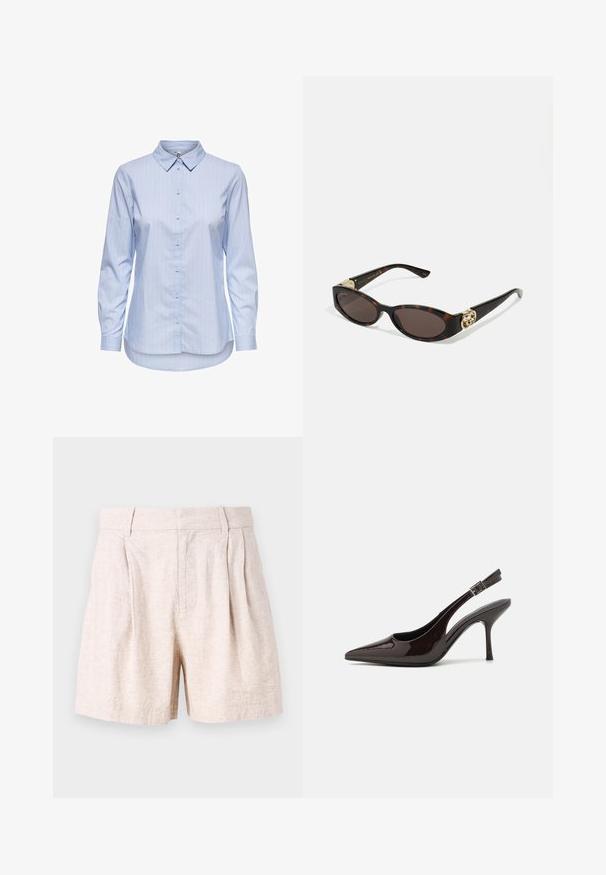 Cămașă bleumarin cu dungi, cu guler, mâneci lungi și margine curbată. Materialul pare neted și ușor. Închidere cu buton pe față.; Shorts beige din in, cu o croială lejeră, având pliseuri în față, buzunare laterale și o textură netedă. Design simplu, fără modele.; Pantof cu toc înalt Slingback din piele sintetică lucioasă de culoare maro închis, vârf ascuțit, laterale deschise și curea ajustabilă la glezne.; Ochelari de soare din țiglă cu lentile ovale alungite, nuanță maro, accente cu logo auriu pe brațele laterale și brațe negre elegante.