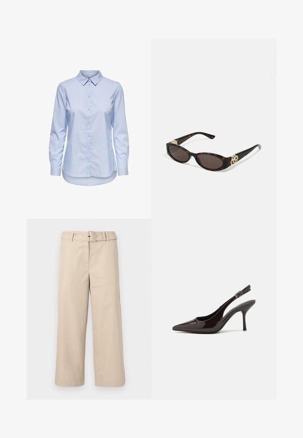Camisa azul riscada com colarinho, mangas longas e bainha arredondada. O tecido parece liso e leve. Fecho de botão na parte da frente.; Calças largas em bege, feitas de um tecido suave. Apresentam uma cintura com cinto e dois bolsos laterais. Costuras limpas e bainha acabada.; Sapato de salto alto tipo slingback em verniz castanho escuro brilhante, com bico apontado, laterais abertas e tira ajustável ao tornozelo.; Óculos de sol de tartaruga com lentes ovais alongadas, tom castanho, acentos de logotipo dourado nas hastes e hastes pretas elegantes.; Bolsa de couro castanho com duas alças robustas, formato retangular, textura lisa e fecho de zíper. Design minimalista sem padrões visíveis.