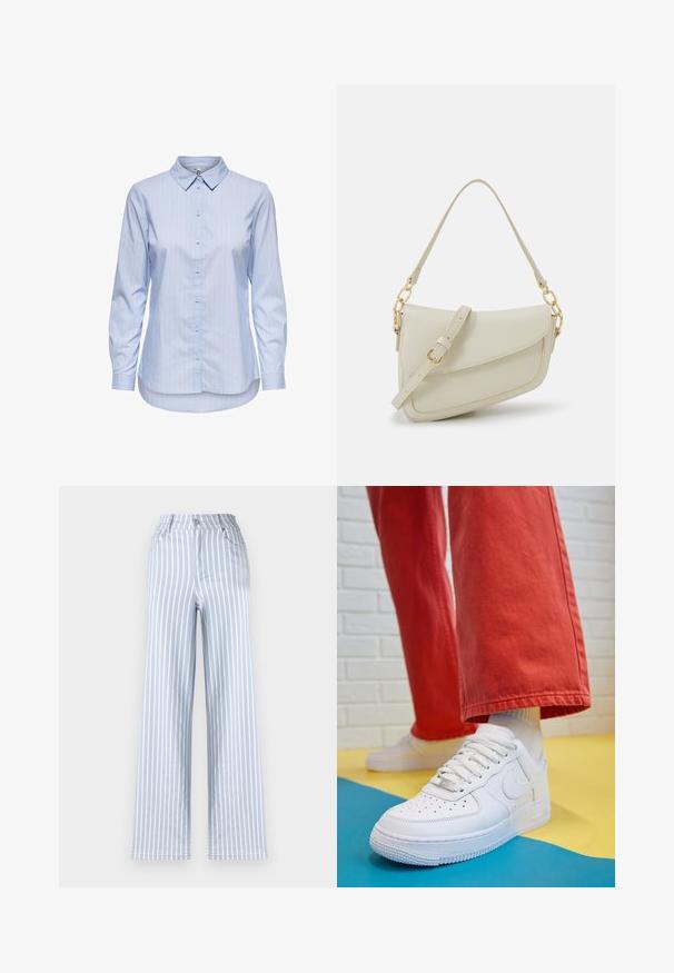 Srajca z modrimi črtami, gumbna zaposlitev s ovratnikom, dolgimi rokavi in ukrivljenim robom. Tkanina je videti gladka in lahka. Zapiranje z gumbi na sprednji strani.; Svetlo modre široke hlače z navpičnimi belimi črtami, narejene iz bombaža. Imajo visok pas, štiri žepke in gumbasto zapiranje.; Beli usnjeni športni čevlji s perforiranim prstnim delom, teksturiranim podplatom in belimi vezalkami, v kombinaciji s širokimi rdečimi hlačami in modro-rumeno ozadje.; Mala kremna torbica z teksturiranim zaključkom, dolgim nastavljivim trakom, verižnim poudarkom in zapiranjem na poklop. Detajli iz zlatega kovinskega materiala.; Zlate uhane v obliki obročkov z gladko, sijočo površino. Krožna zasnova s majhnim nosilcem in prozornim podplatom za varno nošenje.