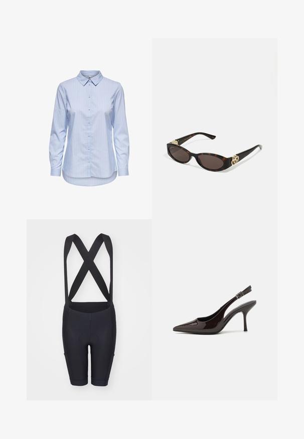 Blauw gestreepte overhemden met kraag, lange mouwen en een afgeronde zoom. De stof lijkt glad en lichtgewicht. Knopsluiting aan de voorkant.; Zwarte fietsshorts met bretels, voorzien van een gladde textuur, een gevoerd zitgedeelte en een aansluitend ontwerp voor comfort en ondersteuning.; Slingback hoge hak schoen in glanzend donkerbruin patentleer, puntige neus, open zijkanten en verstelbare enkelband.; Schildpadbril met langwerpige ovale lenzen, bruine tint, gouden logo-accenten op de pootjes en slanke zwarte armen.; Bruine handtas met een patroon, van een gestructureerde stof, bruine leren schouderriem en een gouden logo detail op een beige achtergrond. Gebogen, gestructureerde vorm.