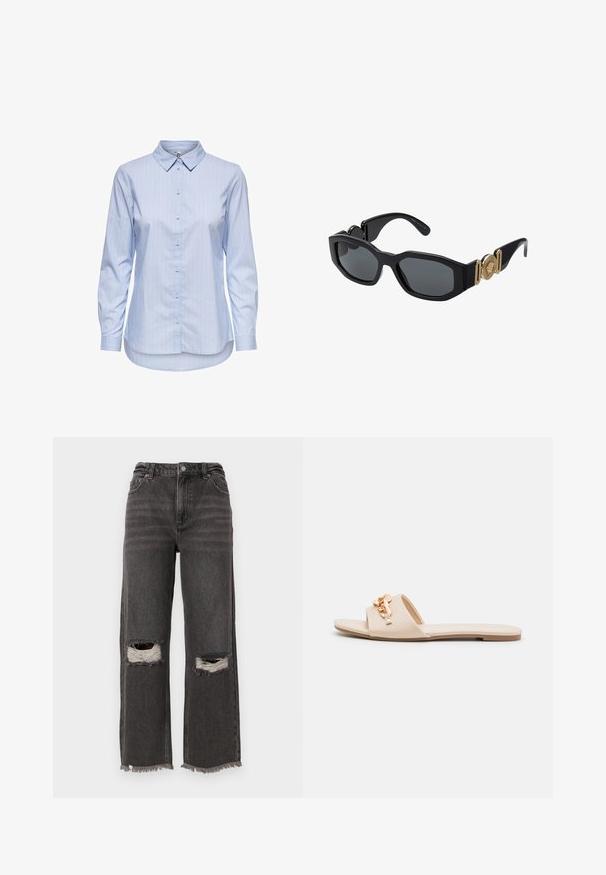 Blåstripet skjorte med knapper, krage, lange ermer og buet kant. Stoffet ser glatt og lett ut. Knapper foran.; Høyt liv, vide jeans i mørkegrå denim med frynset kant og slitte hull på kneet, med subtil bleking og et klassisk fem-lomme design.; Beige skridsikter med åpen tå, flat såle og dekorative metallkjede detaljer på stroppen. Glatt materiale med minimal tekstur.; Sorte solbriller med en kraftig geometrisk ramme, mørke linser og gylne metallakenter på stengene, med et rundt emblem detaljer.