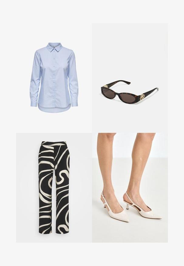 Blau gestreifte Knopfhemd mit Kragen, langen Ärmeln und abgerundetem Saum. Der Stoff wirkt glatt und leicht. Knopfleiste auf der Vorderseite.; Schwarze Hose mit hohem Bund, weiten Beinen und einem auffälligen weißen abstrakten Wirbelschema. Hergestellt aus glattem, leichtem Stoff.; Beige Lackleder Slingback-Absätze mit spitzem Fuß und 5 cm Absatz, mit ausgeschnittenen Seiten und einem schmalen Knöchelriemen.; Schildpatt-Sonnenbrille mit länglich-ovalen Gläsern, braunem Farbton, goldenen Logo-Akzenten an den Bügeln und schlanken schwarzen Bügeln.; Beige gemusterte Handtasche mit geschwungener Form, Lederakzenten und einem goldfarbenen Logo auf der Vorderseite. Verfügt über einen kurzen Griff für einfaches Tragen.