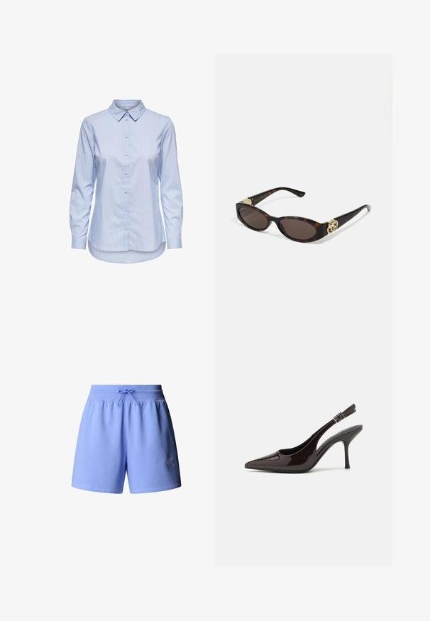 Niebieska koszula z długim rękawem, w paski, z kołnierzykiem i zaokrąglonym dołem. Materiał wydaje się gładki i lekki. Zapięcie na guziki z przodu.; Jasnoniebieskie szorty z elastycznym pasem i sznurkiem. Posiadają haftowane logo na dolnej stronie. Wykonane z miękkiego materiału.; Sandały na obcasie typu slingback z błyszczącej ciemno-brązowej lakierowanej skóry, w szpic, z otwartymi bokami i regulowanym paskiem wokół kostki.; Słoneczne okulary w kolorze żółwi z wydłużonymi owalnymi soczewkami, brązowym odcieniem, złotymi akcentami logo na zausznikach oraz smukłymi czarnymi ramionami.; Brązowa torebka w wzory, wykonana z teksturowanej tkaniny, z brązowym skórzanym paskiem i złotym logotypem na beżowym tle. Krzywoliniowy, strukturalny kształt.