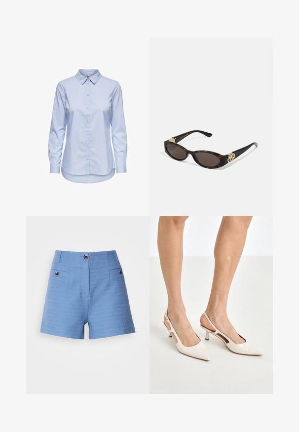 Blå stribet skjorte med knapper, krave, lange ærmer og buet kant. Stoffet virker glat og let. Knaplukning foran.; Blå vævede shorts med høj talje, to forlommer og dekorative knapdetaljer. Strukturert stof med en glat overflade.; Beige patenterede læder slingback hæle med spids tå og 5 cm hæl, med udskårne sider og en tynd ankelrem.; Skildpaddemønster solbriller med aflange ovale linser, brun farve, guldlogo accenter på stængerne og slanke sorte arme.; Beige mønsteret taske med en buet form, læderdetaljer og et guldtonet logo på fronten. Har et kort håndtag for nem bæring.