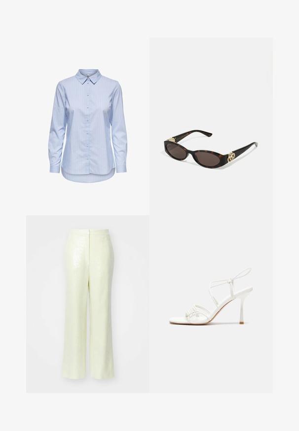 Kék csíkozott, galléros gombos ing hosszú ujjakkal és ívelt aljjal. Az anyag simának és könnyűnek tűnik. Gombos záródás elöl.; Fényes sárga, flitteres nadrág széles szárú szabással, sima textúrával és diszkrét hátsó cipzárral a záródáshoz.; Fehér pántos magassarkú szandál lapos lábujjal, texturált elülső résszel, ráncolt díszítéssel és vékony bokapánttal.; Tortából készült napszemüveg, hosszúkás ovális lencsékkel, barna színű árnyalattal, arany logóval a fülkagylón, és karcsú fekete szárakkal.; Fehér virágmintás kézitáska gyűrt szövet felülettel, aranyszínű lánccal és fémetaljzattal. Textúrázott szirmokkal készült a részletesebb megjelenés érdekében.