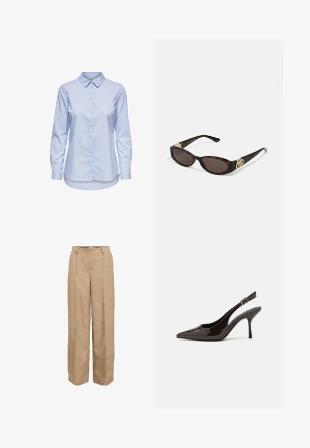 Blå stribet skjorte med knapper, krave, lange ærmer og buet kant. Stoffet virker glat og let. Knaplukning foran.; Beige vidde-bukser lavet af tekstureret stof. Har en elastisk talje og to frontfolder for ekstra stil.; Slingback højhælet sko i glat mørkebrun patenteret læder, spids tå, åbne sider og justerbar ankelrem.; Skildpaddemønster solbriller med aflange ovale linser, brun farve, guldlogo accenter på stængerne og slanke sorte arme.; Bordeaux skuldertaske med en buet silhuet og en kort rem, med en guld lynlås og et diskret Calvin Klein logo på forsiden.