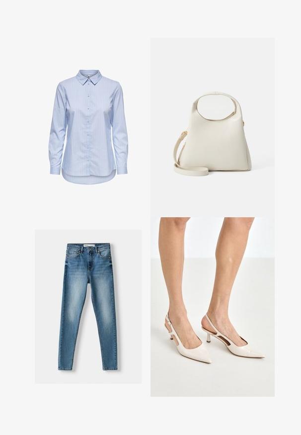 Plava prugasta košulja na dugih rukava s ovratnikom i zakrivljenim rubom. Tkanina izgleda glatko i lagano. Zatvaranje dugmadi sprijeda.; Plave debele traperice uskog kroja s pet džepova, zatvaranjem na rajsferšlus i istrošenim izgledom s laganim izblijeđenjem sprijeda i izraženim šavovima.; Bež cipele na petu od lakiranih koža s uskim vrhom i petom od 5 cm, s izrezanim stranama i tankim remenom oko gležnja.; Torba boje krem na strukturan način, s okruglom drškom i uklonjivim remenom za rame. Izrađena od glatkog materijala s blagom teksturom.