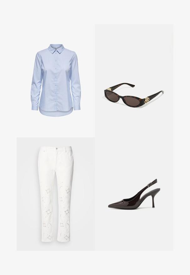 Srajca z modrimi črtami, gumbna zaposlitev s ovratnikom, dolgimi rokavi in ukrivljenim robom. Tkanina je videti gladka in lahka. Zapiranje z gumbi na sprednji strani.; Bela bombažna hlače z rožnatim vezenjem ob nogah, ravnega kroja in gumbnim zapiranjem v pasu.; Slingback visoke pete v sijajni temno rjavi lak koži, koničastim nosom, odprtimi stranmi in nastavljivim gležnjenčkim trakom.; Kornjačaste sunčane naočale s izduženim ovalnim lećama, smeškim tonovima, zlatnim logotipom na drškama i elegantnim crnim rukohvatima.; Rjava ročno izdelana torbica z vzorcem, z teksturirano tkanino, rjavim usnjenim trakom in zlatim logotipom na bež ozadju. Kura oblika, strukturirana.