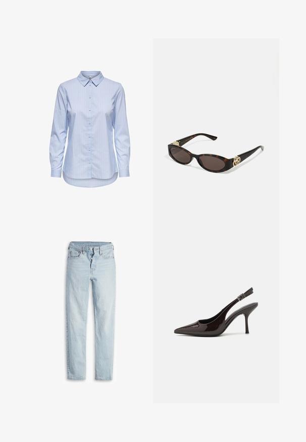 Srajca z modrimi črtami, gumbna zaposlitev s ovratnikom, dolgimi rokavi in ukrivljenim robom. Tkanina je videti gladka in lahka. Zapiranje z gumbi na sprednji strani.; Svetlo modre jeans hlače z visokim pasom, pet-žepnim dizajnom, gumbom za zapiranje in ravnim krojem. Imajo subtilno bledenje in teksturiran zaključek.; Slingback visoke pete v sijajni temno rjavi lak koži, koničastim nosom, odprtimi stranmi in nastavljivim gležnjenčkim trakom.; Kornjačaste sunčane naočale s izduženim ovalnim lećama, smeškim tonovima, zlatnim logotipom na drškama i elegantnim crnim rukohvatima.; Rjava ročno izdelana torbica z vzorcem, z teksturirano tkanino, rjavim usnjenim trakom in zlatim logotipom na bež ozadju. Kura oblika, strukturirana.