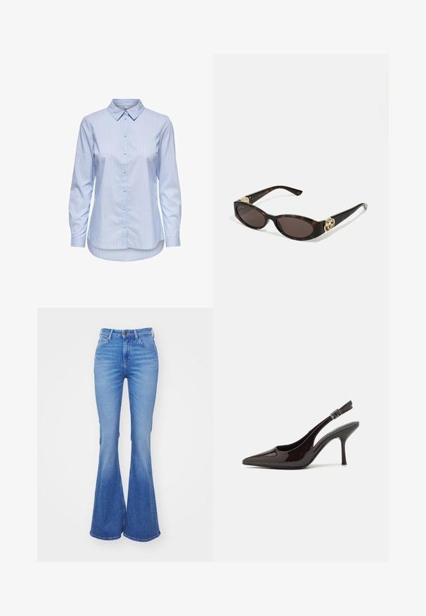 Blue striped button-up shirt with a collar, long sleeves, and a curved hem. Fabric appears smooth and lightweight. Button closure down the front.; Light blue flared jeans made from denim, featuring a high waist, five pockets, and a slight fade towards the hem. Silver button closure.; Slingback high-heeled shoe in glossy dark brown patent leather, pointed toe, open sides, and adjustable ankle strap.; Tortoiseshell sunglasses with elongated oval lenses, brown tint, gold logo accents on temples, and sleek black arms.