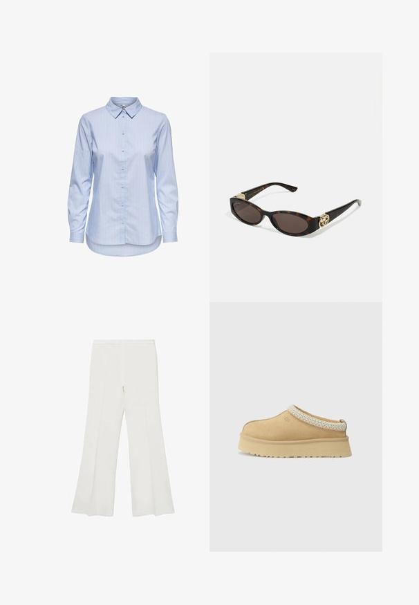 Sininen raidallinen nappipaita, jossa on kaulus, pitkät hihat ja kaareva helma. Kankaan pinta vaikuttaa sileältä ja kevyeltä. Nappilukitus edessä.; Valkoiset leveälahkeiset housut, joissa on sileä pinta ja selkeät linjat, keski-korkea vyötärö ja ei näkyvää varustusta tai kuvioita.; Vaaleanruskeat mokka-slip-on-kengät, joissa on pehmustettu kaulus ja teksturoitu vaaleansininen yksityiskohta. Ominaisuuksiin kuuluu paksu, kestävä pohja, jossa on kuvioitu kulutuspinta.; Silmärilakkiset tortoiseshell-aurinkolasit, joissa on pitkänomaiset ovaalit linssit, ruskea sävy, kultaiset logo-koristeet temppeleissä ja sulavalinjaiset mustat varret.