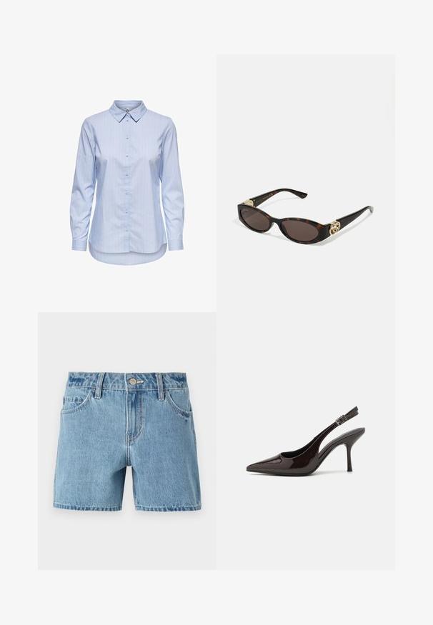 Zilā svītrota krekls ar pogām, ar apkakli, garām piedurknēm un izliekumu apakšmalā. Audums izskatās gluds un viegls. Pogājamā aizdare priekšā.; Gai zilgani denima šorti ar taisnu piegriezumu, pieciem kabatām, jostu cilpām un pogu aizdari. Iezīmējas ar smalku izšuvumu un maigu tekstūru.; Slingback augstpapēžu kurpe ar spīdīgu tumši brūnu lakotu ādu, ar norādītu purngalu, atvērtām pusēm un regulējamu potītes siksniņu.; Tīģerbrūnā sauļošanās brillēm ar izstieptām ovālām lēcām, brūnu tonējumu, zeltītiem logotipa akcentiem uz tempļiem un plānām melnām kājām.