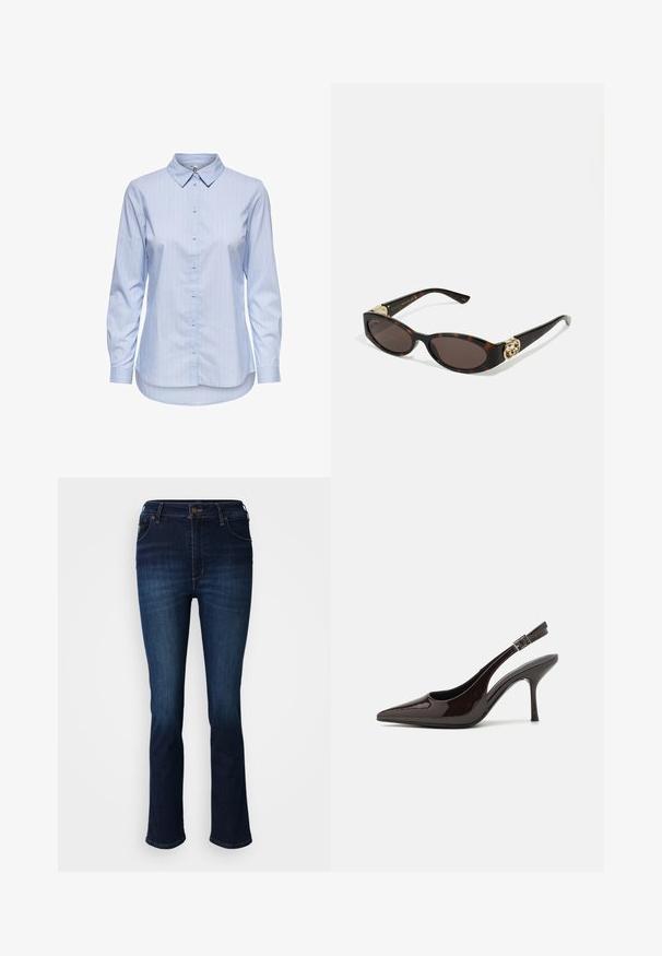 Camisa de botón a rayas azules con cuello, mangas largas y dobladillo curvado. La tela parece suave y ligera. Cierre de botón en la parte delantera.; Jeans de mezclilla azul oscuro con diseño de pierna recta, que cuentan con cinco bolsillos, cierre de botón y un sutil desgaste en los muslos.; Zapato de tacón alto tipo slingback en piel sintética brillante de color marrón oscuro, con punta afilada, laterales abiertos y correa ajustable en el tobillo.; Gafas de sol carey con lentes ovalados alargados, tintado marrón, acentos de logo dorado en las patillas y brazos negros elegantes.; Bolso de mano marrón con un patrón, fabricado en un tejido texturizado, strap de cuero marrón y detalle de logo dorado sobre un fondo beige. Forma curva y estructurada.