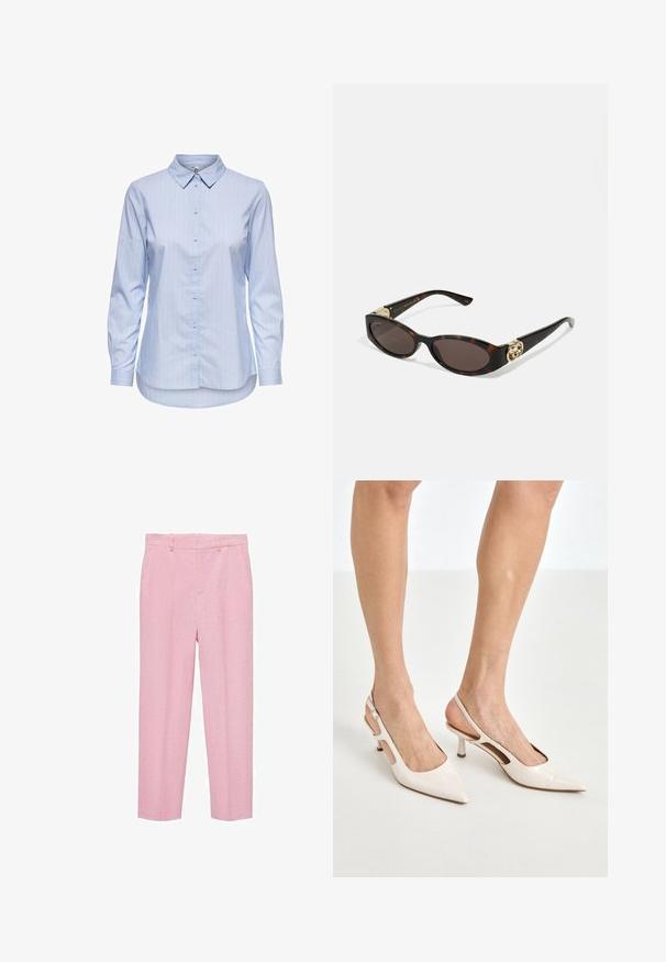 Camicia button-down a righe blu con colletto, maniche lunghe e orlo curvo. Il tessuto sembra liscio e leggero. Chiusura con bottoni sul davanti.; Pantaloni rosa chiaro realizzati in un tessuto testurizzato, con una linea dritta, passanti per cintura e tasche frontali a filo. Nessun motivo visibile.; Tacchi slingback in pelle lucida beige con punta affusolata e tacco di 5 cm, caratterizzati da lati traforati e una sottile fascia alla caviglia.; Occhiali da sole tartarugati con lenti ovali allungate, tonalità marrone, accenti dorati con logo sulle tempie e aste nere eleganti.; Borsa a tracolla beige con un motivo stampato, forma curvata, dettagli in pelle e un logo dorato sul davanti. Presenta una maniglia corta per un facile trasporto.