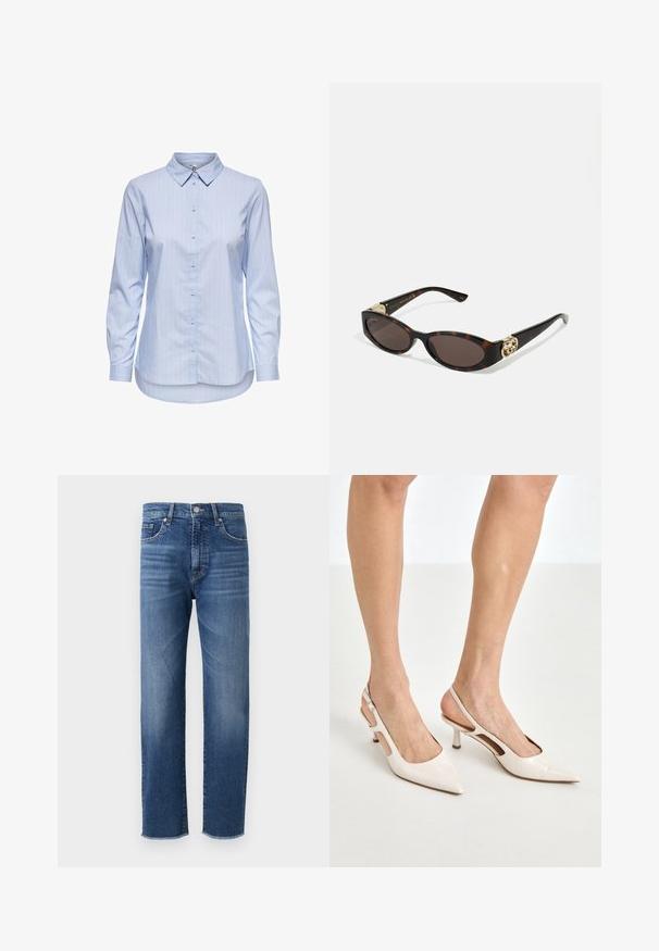 Blauw gestreepte overhemden met kraag, lange mouwen en een afgeronde zoom. De stof lijkt glad en lichtgewicht. Knopsluiting aan de voorkant.; Blauwe denim jeans met een recht gesneden ontwerp, voorzien van een vervaagde afwerking, vijf zakken en een rafelige zoom.; Beige gepatineerde leren slingback hakken met een spitze neus en een hak van 5 cm, met uitsparingen aan de zijkanten en een dunne enkelband.; Schildpadbril met langwerpige ovale lenzen, bruine tint, gouden logo-accenten op de pootjes en slanke zwarte armen.