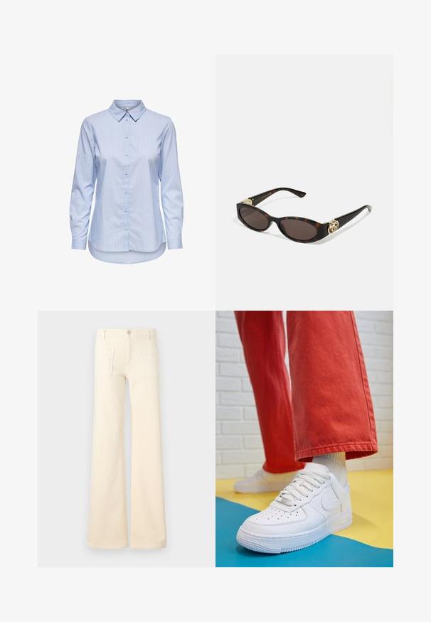 Mėlyna dryžuota marškiniai su apykakle, ilgomis rankovėmis ir kreivu apvadu. Audinys atrodo lygus ir lengvas. Mygtukų užsegimas priekyje.; Kreminės spalvos plačios džinsinės kelnės su lygiu paviršiumi, turinčios dvi užpakalines kišenes ir priekinį mygtuką. Tiesus kirpimas su aukštu liemeniu.; Baltos odinės kedų sportbačiai su perforuotu pirštu, tekstūruota pado dalimi ir baltais raišteliais, derinami su plačiomis raudonomis kelnėmis ir mėlynos bei geltonos spalvų fono kompozicija.; Tortoise kiaurinių saulės akinių su pailgomis ovalo formos lęšiais, rudos spalvos atspalviu, auksinėmis logotipo detalėmis ant šakelių ir elegantiškais juodais rankenėlėmis.