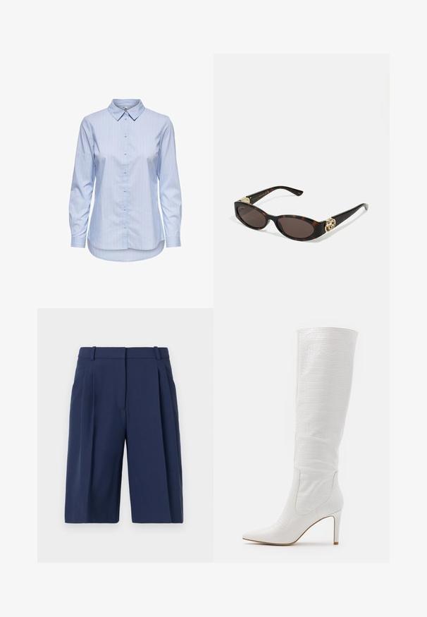 Niebieska koszula z długim rękawem, w paski, z kołnierzykiem i zaokrąglonym dołem. Materiał wydaje się gładki i lekki. Zapięcie na guziki z przodu.; Granatowe szorty o dopasowanym kroju, z plisowanym przodem, szlufkami na pasek oraz gładką fakturą materiału, o długości do kolan.; RAID TRIBUTE - Kozaki na obcasie; Słoneczne okulary w kolorze żółwi z wydłużonymi owalnymi soczewkami, brązowym odcieniem, złotymi akcentami logo na zausznikach oraz smukłymi czarnymi ramionami.; Beżowa torebka w wzory o zakrzywionym kształcie, z skórzanymi akcentami i złotym logo z przodu. Posiada krótki uchwyt, co ułatwia noszenie.