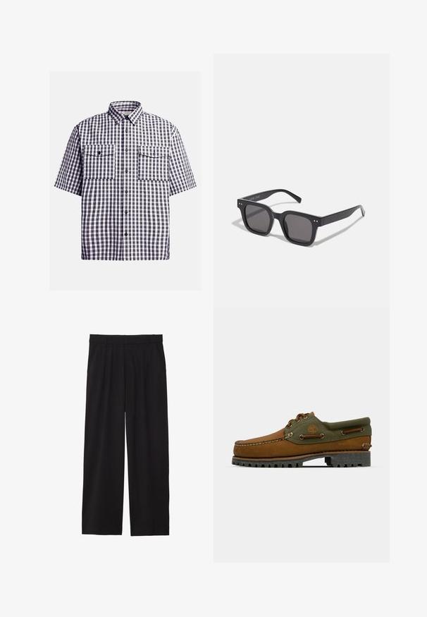 Kurzärmliges kariertes Hemd in Marineblau und Weiß, mit zwei Brusttaschen, Knopfverschluss und klassischem Kragen. Aus Baumwolle.; Schwarze, weite Hose mit gefälteltem Vorderteil, seitlichen Taschen und einer glatten Stoffstruktur. Entworfen für eine entspannte Passform.; Braune Lederschuhe mit grünen Textilakzenten. Verfügen über ein Mokassin-Design, gesticktes Logo und eine robuste Gummisohle mit tiefem Profil.; Schwarze rechteckige Sonnenbrillen mit dunklen Gläsern, die einen dicken Rahmen, subtile Akzente an den Seiten und keine sichtbaren Logos außer dem Markennamen aufweisen.