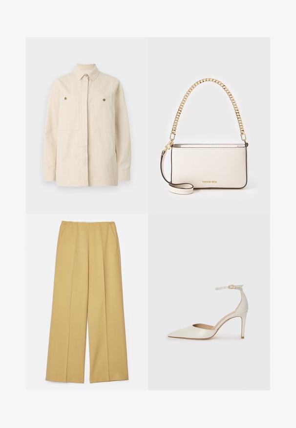 Vaaleanbeige napitettava paita, joka on valmistettu puuvillasta. Siinä on kärjellinen kaulus, kaksi etutaskua ja ruskeat napit. Pitkät hihat napitettavilla hihansuilla.; Lettuhousut sinapinkeltaisesta kankaasta, joissa on etutaskut ja sileä rakenne, sekä puhdas, räätälöity muotoilu.; Valkoinen nahkainen korkokenkä, jossa on terävä kärkinen muoto, nilkkaremmi ja kapea korko. Suora pinta, jossa on hienovarainen kiiltävä viimeistely.; Valkoinen nahkainen käsilaukku, jossa on jäljitelty pinta, kultaketjuhihna ja irrotettava olkahihna. Logo on kohokuvioitu etupuolelle.