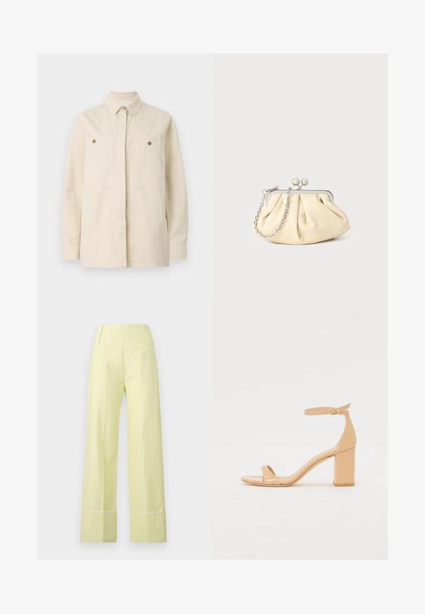 Bež srajca s kratkimi gubami iz bombaža, z ostrimi ovratniki, dvema sprednjima žepekoma in rjavimi gumbi. Dolgi rokavi z gumbnimi manšetami.; Široke hlače iz svetlo rumene tkanine z gladko teksturo. Imajo visok pas in kontrastno šivanje ob robu.; Nude lakirane sandale s peto, kvadratnim vrhom, trakico okoli gležnja in debelim blok petam. Gladka tekstura in minimalni oblikovni detajli.; Zavihani bež usnjeni nahrbtnik s srebrnim kovinskim okvirom, ki ima dve okrogli okrasni zaponki in srebrno verižico.
