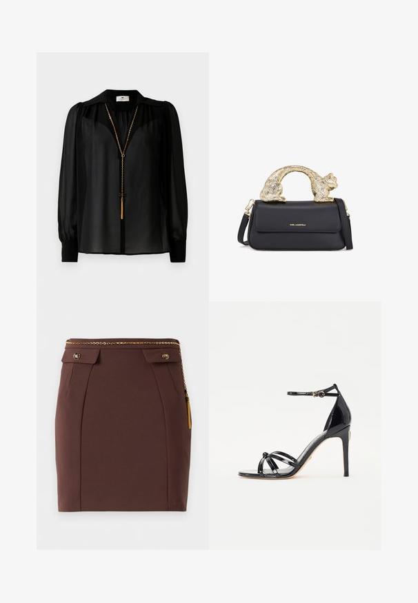 Črna prosojna bluzica dolgega rokava z širokim ovratnikom in zlatim verižnim ogrlicom s ponjavico, ki visi spredaj.; Rjava prilegajoča mini krila z zlatim pasom iz verige, okrasnimi gumbastimi klapnicami in zlatimi resicami na enotni podlagi.; Črne lakirane visokotlačne sandale z več trakovi, trak na gležnju, koničast nos in detajl iz zlatega kovine.; Črna usnjena torbica z zlatim ročajem v obliki mačke, z zgornjim poklopcem, nastavljivim trakom in logotipom na spodnjem sprednjem delu.