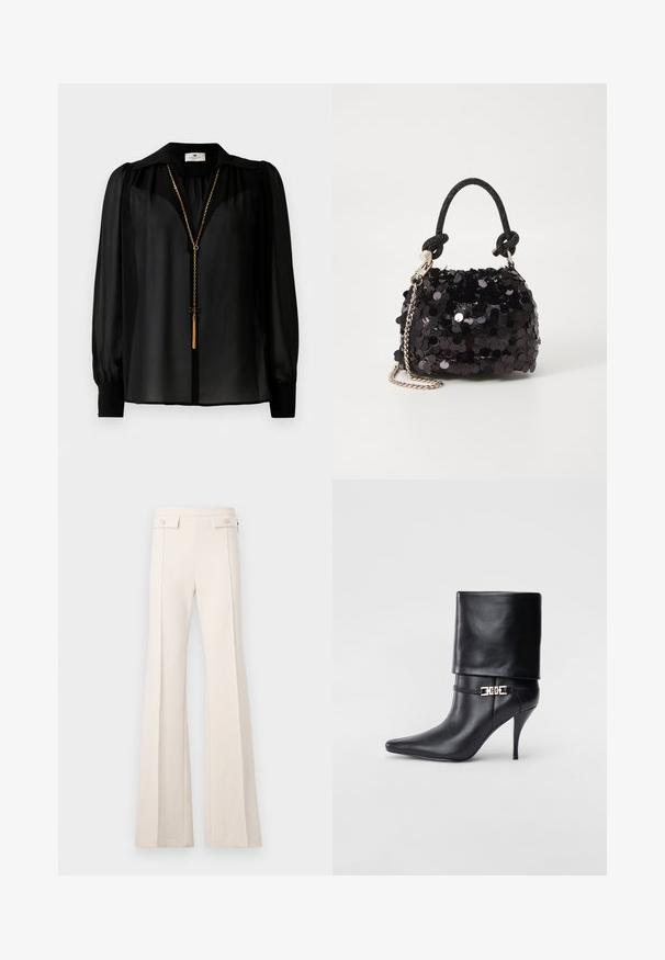 Mustmust pikkade varrukatega blusš, millel on lai krae ja kuldne ketinaistega kaelakee, millel on ees rippuv pitsi pendant.; Korke waist'iga kreemjad püksid laiade jalgadega, ees seam detailid ja klapiga taskud, millel on nupud vööl.; Mustad nahast pahkluu saapad terava nina, kõrge stilettokanna, volditud äärega ja kuldse dekoratiivse pandlaga pahkluul.; Must have mustrõngus mustal sädelev mini käekotil on sõlme tekstuuriga rihm ja hõbedane ketis. Ümar kuju, kokku kogutud ülaosa ja peegeldav detail.