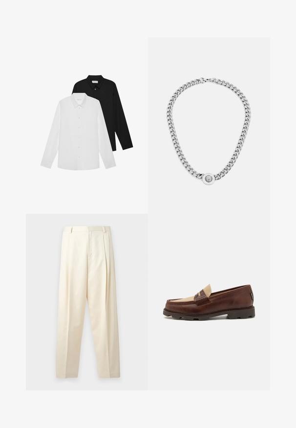 Białe i czarne koszule z długim rękawem, z zaostrzonymi kołnierzykami, guziki z przodu oraz gładką fakturą materiału. Metki widoczne na wewnętrznej stronie kołnierza.; HUGO FEDIX mleczny; Brązowe skórzane mokasyny z taupe'owym akcentem z płótna, przeszyciami i teksturowaną gumową podeszwą zaprojektowaną dla komfortu i trwałości.; Srebrny naszyjnik łańcuszkowy z grubymi ogniwami i centralnym okrągłym wisiorkiem z misternym wzorem. Gładka, lustrzana powierzchnia metalu.