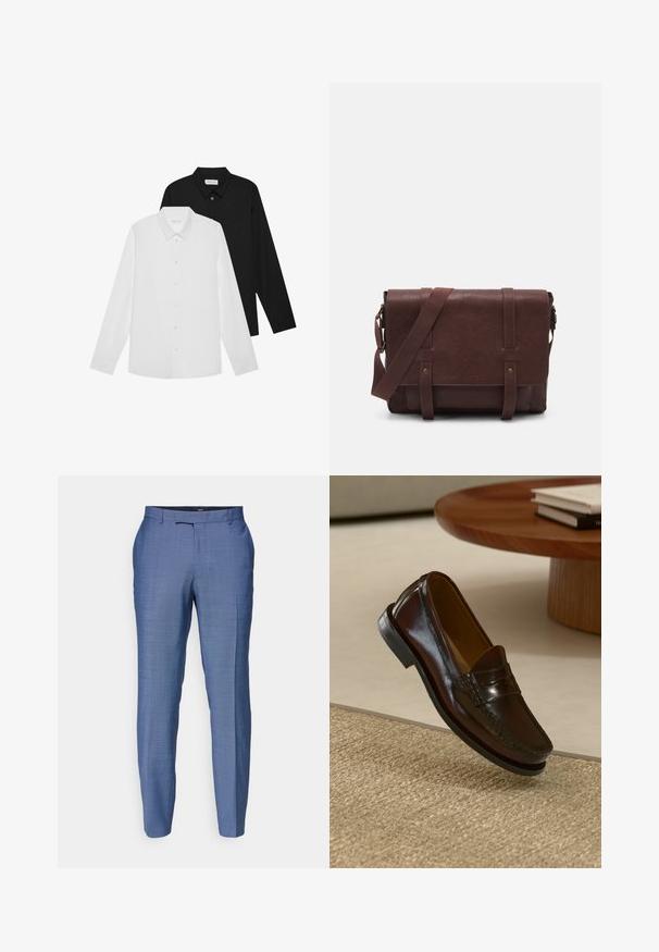 Fehér és fekete hosszú ujjú ingek hegyes gallérral, elöl gombokkal és sima anyagtextúrával. Címkék láthatók a nyak belső oldalán.; Világoskék szabott nadrág, textúrált anyagból. Jellemzői a lapos eleje, keskeny lábak és cipzáros, kampós záródás.; Barna bőr loaferek fényes felülettel, az elején varrott részlettel és alacsony profilú fekete gumitalppal.; Barna bőr válltáska, lapos elülső fedéllel, két pánttal, arany színű fém kiegészítőkkel és állítható vállpánttal.