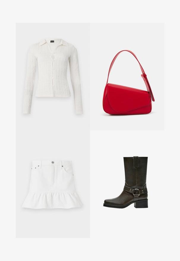 Blouse blanche à manches longues avec un design texturé en côtes, col, fermeture à boutons et une petite ouverture en forme de clé à l'avant.; Jupe en denim blanc avec un ourlet froncé, dotée d'un design à cinq poches, d'une fermeture à boutons à l'avant et d'accents en métal.; Bottine en cuir marron avec un embout carré, un petit talon carré et une sangle décorative à boucle avec des finitions argentées. Texture lisse, design simple.; Sac à main en cuir rouge avec un design angulaire et géométrique. Il dispose d'une seule sangle ajustable et d'une fermeture à rabat avec un detailing cousu.