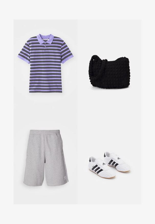 Purple short-sleeve polo shirt with black horizontal stripes, featuring a collar, two-button placket, and soft fabric texture.; Grey athletic shorts made of cotton blend fabric. Features side pockets, elastic waistband, and white side stripes. Classic design.; White athletic shoes with black stripes, featuring a suede-like texture, rounded toe, and a Velcro strap. Rubber outsole for traction.; Black fabric bag with a textured, quilted pattern. Rounded shape, short, thick handles, and a soft, flexible structure.