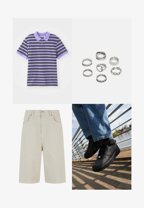 Lilla lühikeste varrukatega polo-särgid mustade horisontaalsete triipudega, millel on krae, kahe nupuga riidepulk ja pehme kangast tekstuur.; Beige denim lühikesed püksid otseküljega, ees nööpkinnitusega ja nelja taskuga. Kangas on sileda tekstuuriga ja minimaalsete õmblustetailidega.; Mustad mustad Nike Air Force 1 sneakerid nahast pealsega, mestist keelaga ja kummist tallaga, millel on kõrge disain ja paksud paelad.; Seitsme hõbesõrmuse komplekt, millel on erinevad kujundid, sealhulgas keerdunud, seotud ja graveeritud mustrid. Erinevad kujundid ja laius.