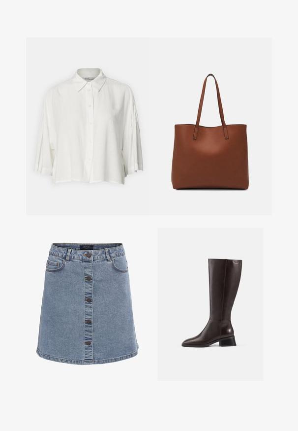 Fehér, rövid ujjú blúz, galléros nyakkal, gombokkal elöl, laza szabású, könnyű, sima anyagból készült.; Világoskék farmer szoknya bővülő sziluettel, gombos elülső zárással, két oldalsó zsebbel és kontrasztos varrásokkal.; Térdfeletti barna bőrcipők sima felülettel, lekerekített orral és fekete, rétegelt sarokkal. Egyszerű dizájn minimális fémszerelvényekkel.; Barna bőr vászontáska sima textúrával, nyitott tetejű dizájnnal és két vállpánttal. Minimális varrással és látható hardver nélkül készült.
