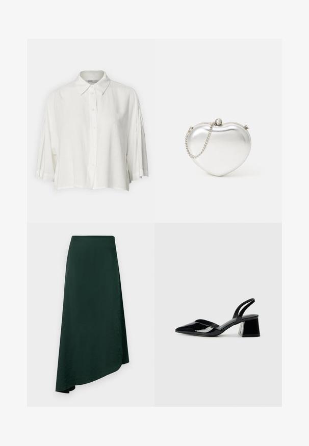 Fehér, rövid ujjú blúz, galléros nyakkal, gombokkal elöl, laza szabású, könnyű, sima anyagból készült.; Sötétzöld, sima anyagból készült, aszimmetrikus szegéllyel ellátott rakott szoknya, amelynek nadrágszíja varrás nélkül van kialakítva, így letisztult megjelenést biztosít.; Fekete lakk bőr szandálkés magas sarkú cipő, hegyes orral és geometrikus tömbsarkakkal. Karcsú, minimalista dizájn és sima textúra jellemzi.; Szív alakú, fémes ezüst színű clutch táska sima felülettel, csattos záródással és ezüst lánc pánttal.