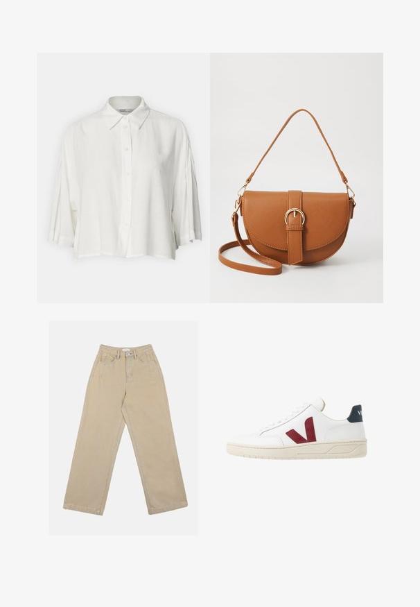White short-sleeve blouse with a collared neck, button front closure, and a relaxed fit, made from a lightweight, smooth fabric.; Beige wide-leg pants made of denim, featuring a high waist, front pockets, and contrasting stitching. The design includes a button closure.; White leather sneaker with a burgundy 'V' logo, textured rubber sole, and navy accent on the heel; features classic lace-up design.; Brown leather crossbody bag with a curved shape, gold hardware, and a buckle accent. Features a detachable shoulder strap.; Gold hoop earrings with a smooth, rounded design. Thin and lightweight, featuring a continuous loop without any embellishments.