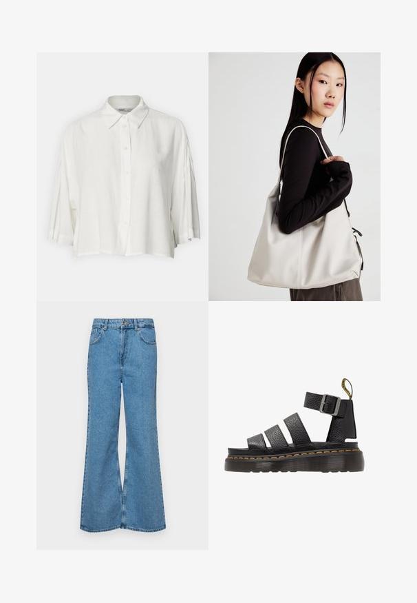 Fehér, rövid ujjú blúz, galléros nyakkal, gombokkal elöl, laza szabású, könnyű, sima anyagból készült.; Világoskék, trapézszárú farmernadrág, magas derékkal, öt zsebbel és egy gombos záródással. Puha tapintású, magasított effektusú anyag.; Fekete bőr szandál három széles pánttal, állítható fém csattal, vastag texturált talppal és narancssárga varrással a szélein.; Puha anyagból készült bézs kézitáska, laza dizájnnal, varrott részletekkel és két vállpánttal. Mindennapi használatra alkalmas.