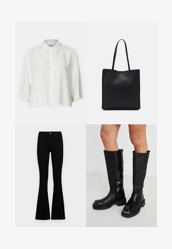 Biała bluzka na krótki rękaw z kołnierzykiem, z zapięciem na guziki z przodu i luźnym krojem, wykonana z lekkiego, gładkiego materiału.; Czarne, wysokie dżinsy z guzikem i zamkiem błyskawicznym, z przednimi kieszeniami i rozszerzanymi nogawkami, leżące płasko na białym tle.; Czarny skórzany botki do kolan z bocznym zamkiem, grubą gumową podeszwą i teksturowanym wykończeniem o minimalistycznym designie.; Czarna skórzana torba tote o gładkiej fakturze, prostokątnym kształcie i dwóch długich uchwytach. Brak widocznych elementów metalowych i ozdób.