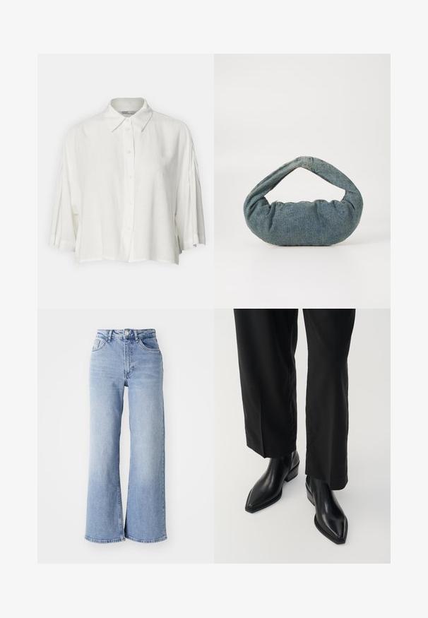 Biała bluzka na krótki rękaw z kołnierzykiem, z zapięciem na guziki z przodu i luźnym krojem, wykonana z lekkiego, gładkiego materiału.; Jasnoniebieskie spodnie o wysokim stanie, z szerokimi nogawkami, z przednimi i tylnymi kieszeniami, z zapięciem na guzik oraz subtelnym wyblaknięciem na udach i u dołu nogawek.; Czarne skórzane botki sięgające kostki z wydłużonym noskiem, gładką fakturą i kwadratowym obcasem. W połączeniu z czarnymi spodniami o szerokich nogawkach, tworzącymi elegancką sylwetkę.; Niebieska torba dżinsowa o poduszkowym, zaokrąglonym kształcie i zakrzywionym uchwycie. Tekstura jest miękka, z wyraźnymi szwami i gładkim wykończeniem.