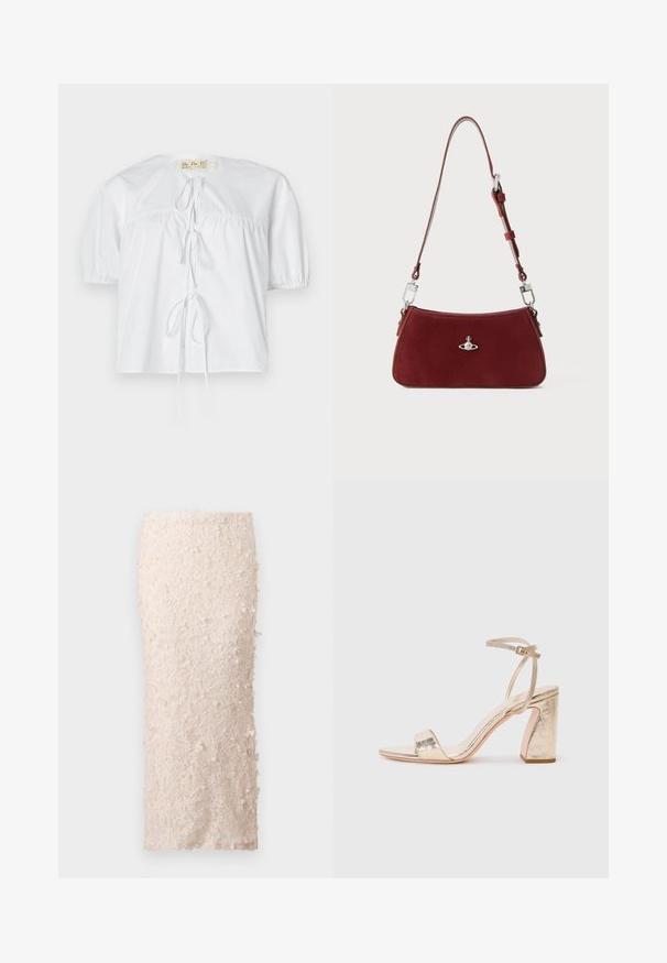 Fehér pamut blúz rövid puffos ujjal, kerek nyakkivágással és elöl megkötős részlettel. Ráncolt varrásokkal a laza illeszkedés érdekében.; Krém színű, csipkéből készült ceruzaszoknya, virágmintás applikációkkal. A dizájn testhez simuló, sima textúrával és részletes díszítésekkel rendelkezik.; A zöld fémes magas sarkú szandál széles pánttal rendelkezik az ujjak felett, állítható bokapánttal és textúrált tömbsarkkal.; Piros velúr válltáska ívelt formával. Ezüst tónusú kiegészítőkkel és állítható pánttal, hardver részletekkel. Simább felszíne van.