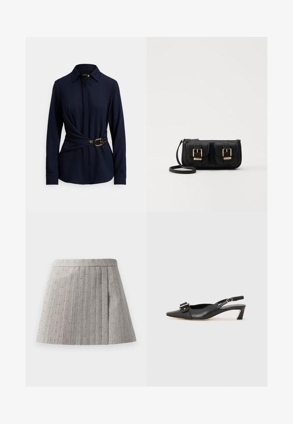 Tmavě modrá košile s dlouhým rukávem, límečkem, zahnutým předním dílem a černým páskem se zlatou sponou a cvočky. Měkká textura látky.; Šedá plissé sukně vyrobená z texturované látky, která má svislé pruhy a malé, rovnoměrně rozestavené dekorativní prvky.; Černé kožené sandály s úzkou špičkou, malým podpatkem a dekorativní sponou na nártu. Hladký povrch, minimalistický design.; Černá kožená crossbody taška se dvěma předními kapsami, zlatými přezkami, zipovým uzávěrem a štíhlým popruhem. Texturovaný povrch a kompaktní obdélníkový tvar.